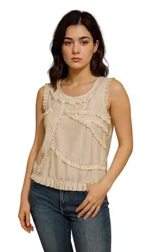 Ruffle Sleeveless Top Cream Blouse Casual‎ Tank Top Layered Ruffle Trim