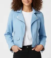 Color Me Courtney Light Blue Cropped Moto Jacket With Floral Lining Size 6