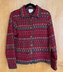 Cherry Deats Wool Knit Cardigan England Red Green Gray Plaid Button Up‎ M