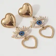 Gold Tone Heart & Evil Eye Rhinestone Dangle Earrings