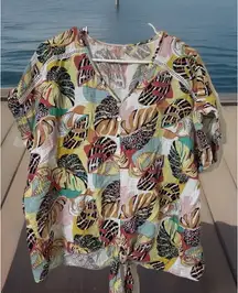 Mirror Image Hawaiian Textured Gauze Top 2X Multicolor Tropical Leopard Monstera