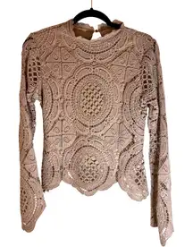 Ultra Pink Beige/Pink Crochet Lace Mock Neck Bell Sleeve Top Women's Size S