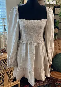 Aritzia Wilfred Tempest Natural Oatmeal Organic Linen Smocked Boho Mini Dress