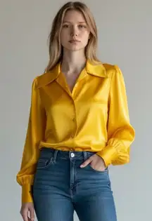 Vintage 1970s Disco Collar Satin Feel Blouse Lady Arrow Gold Qiana Nylon Blouse