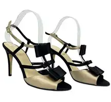 Kate Spade Satin T-Strap Gold and Black Bow Strappy Sandal Size US 8 B Stiletto