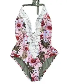 Kona Sol  Womens Floral Print Eyelet Detail Onepiece Swimsuit sz Small