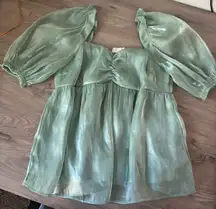 Altard State Green Chiffon Peplum Blouse Shirt Top Puff Short Sleeve 