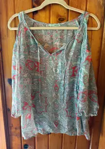 Maurices Paisley Cold Shoulder Blouse Tie Neck‎ Flowy Top Teal Red size  L