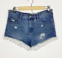 Denim Shorts Size 28 Lace Trim Distressed