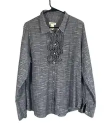 Orvis Gray Long Sleeve Button Down Ruffle Detail Cotton Shirt Women Sz 18