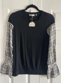 Patrizia Luca Milano Womens Small Black Top Plaid Sleeve Dark Academia NEW Class