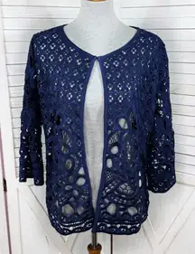 Adore Open Eyelet Lace Topper Cardigan Jacket Navy Blue Medium