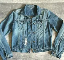 Medium Wash Crop Jean Jacket Women M Distressed Rhinestones Denim