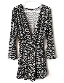 Honey Punch Women's Large Black Jersey Aztec Draped Ruffled Bell Sleeve Romper