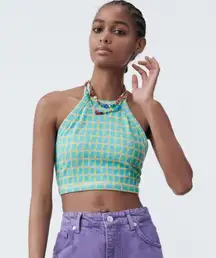 NWT ZARA JACQUARD CROP TOP HALTER NECKLINE OPEN BACK MEDIUM