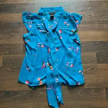 Attention Sheer Floral Cap Sleeve Top with Attached Cami Blue Large