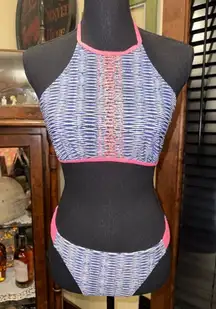 SO Halter Top  and bottom Blue White Pink Swimsuit Top Size M