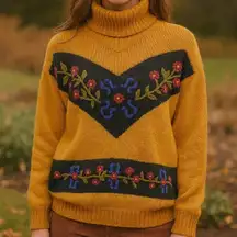 Vintage mustard yellow floral Sweater medium 80s 90s boho fall
