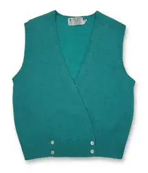 Vintage Emerald Green Knit Sweater Vest Button Detail‎ Preppy V-Neck Top