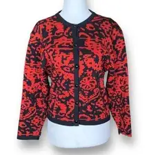 Vintage Jaeger London Cardigan Sweater Bright Red Abstract Pattern Crewneck