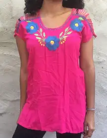 Pink embroidered blouse, blue flower blouse, Mexican embroidery print