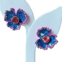 BETSEY JOHNSON Pink & Blue Multi-Stone & Glitter Flower Stud Earrings Fairycore