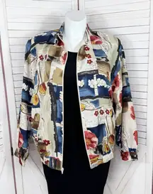 Vintage Oleg Cassini Tropical Floral Print Silk Windbreaker Track Jacket Large