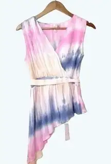 Versona Tank Women's Small Asymmetrical Tie-Dye Pink/Blue V-Neck Top with Belt