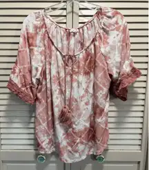 Maurices Mauve/White Tie‎ Dye Short Sleeve Elastic Hem Scoop/Tie Neck Size 0