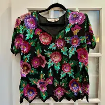 Vintage Laurence Kazar NY 80’s Silk Beaded Sequin Blouse Floral Formal Size XL
