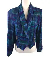 Vintage 90s Blue Watercolor Abstract Blazer Open Jacket Maren Petite Teal Purple