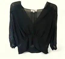 Peter Som V neck, cropped sheer designer black top size 12, retro, emo, chic