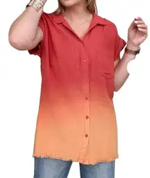 Umgee Linen Blend Bleach Dip Dye Button Down Top Ombre Pocket Plus Size 1XL