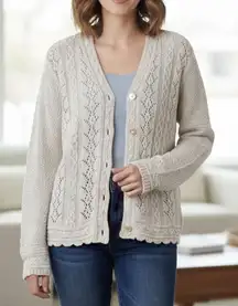 LL Bean Neutral Beige Linen Cotton Button Up Open Stitch Cardigan Sweater MEDIUM