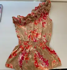 NWOT Grass Collection women’s tan pink ruffle single strap‎ elastic waist blouse