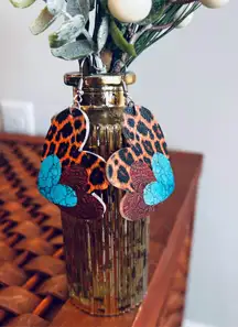 Faux Leather Triple Heart Animal Print Dangle Earrings New