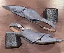 J. Crew Twisted knot Penny Sandal in Blue & White Stripe with Silver Glitter Hee