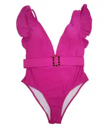 NWT Avanova Hot Pink Belted Ruffle Deep V Swimsuit Large Barbie