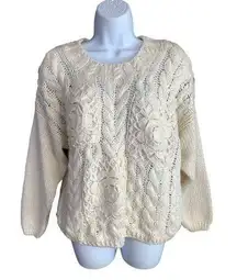 Vintage Cableknit Chunky Sweater Large Ivory Cottagecore 80s 90s Womens Knit