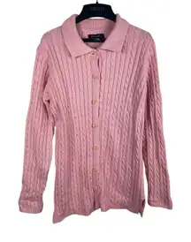 VTG Denim & Co Womens Small Pink Cable Knit Collared Button Up Cardigan Sweater
