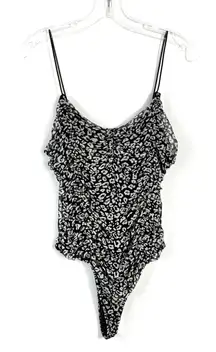 Black & White Mesh Ruched Detailing Animal Leopard Print Bodysuit