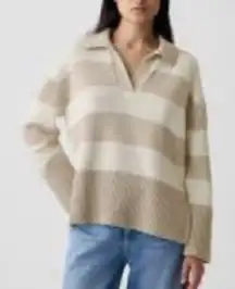 GAP 24/7 Split Hem Knit Polo Sweater Size XS Cream Rugby Stripe NEW