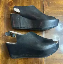 Chocolat Blu Black Peep-Toe Leather Wedges