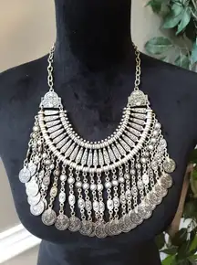 Women's Boho Statement Coin Bib Necklace Antique Silver Lobster Clasp Tribal
