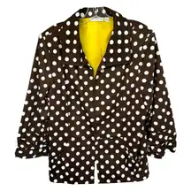 Susan Graver Large Jacket Brown White Polka Dot Blazer Yellow Lined Ruched 1198