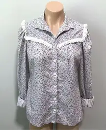 Prairie Cottagecore Dainty Feminine Modest Micro Floral Ruffle 80s Button Shirt