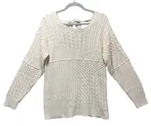 Cream Cable Knit Patchwork Sweater Back Tie Bow Neck Long Sleeve M L Cozy Co