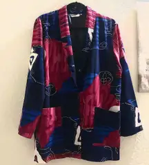 1970s blue pink white oversize blazer abstract geometric blazer jacket long sleeve 