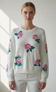 Chaser White Floral Knit Sweater - Size L - Cotton Blend