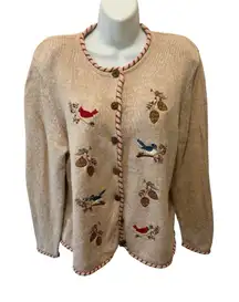 Christmas Holiday Cardigan Sz XL Tan Embroidered Cardinals Bluebirds Winter Cozy